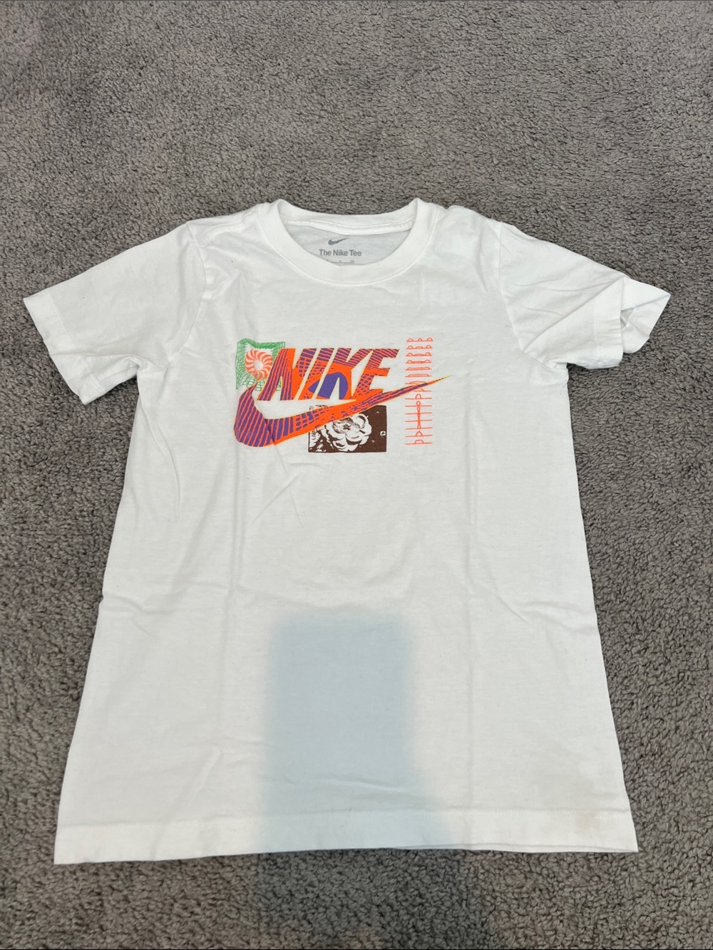Nike White Tee with Multicolor Graphic Swoosh